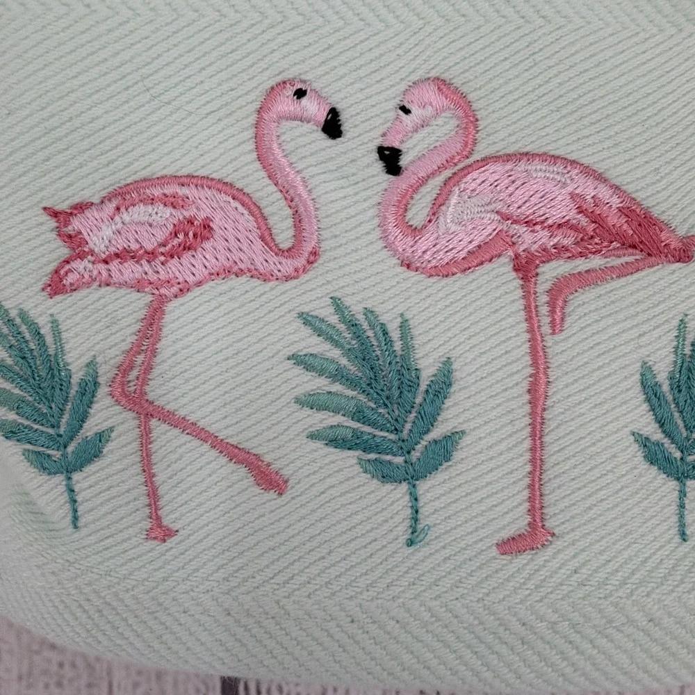 Deborah Connolly Hand Towels (Set of 2) Mint Green Pink Embroidered Flamingo
